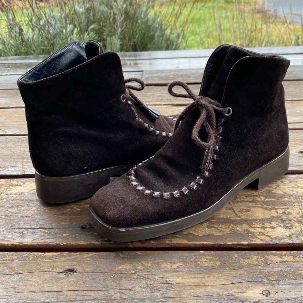 Yves saint Laurent YSL brown suede square toe whipstitch ankle booties boots